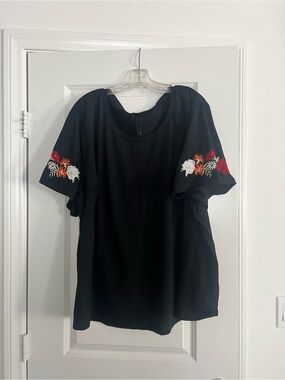 Black Floral Sleeve Embroidered T-Shirt